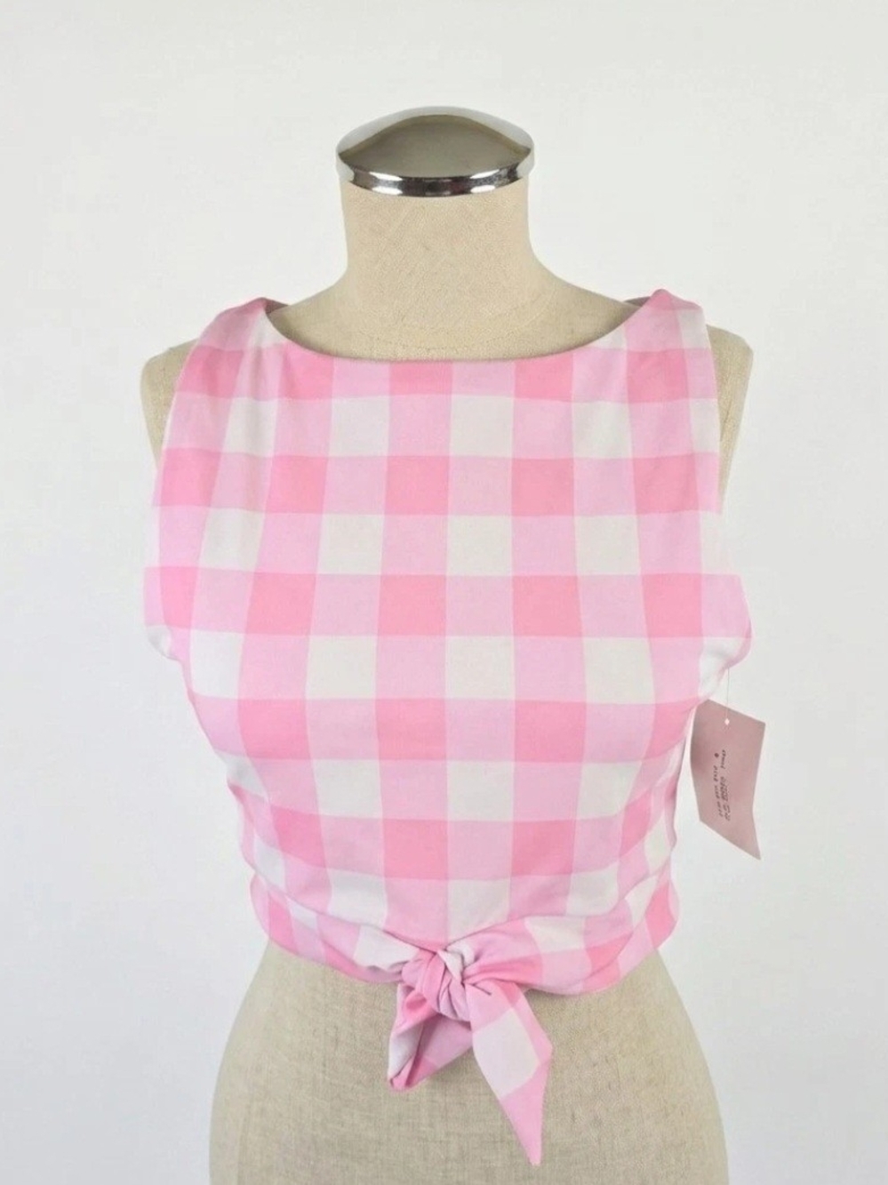 NWT Lime Ricki Women's Pink Gingham Knotted Crop Top Swim Suit Top Size Large